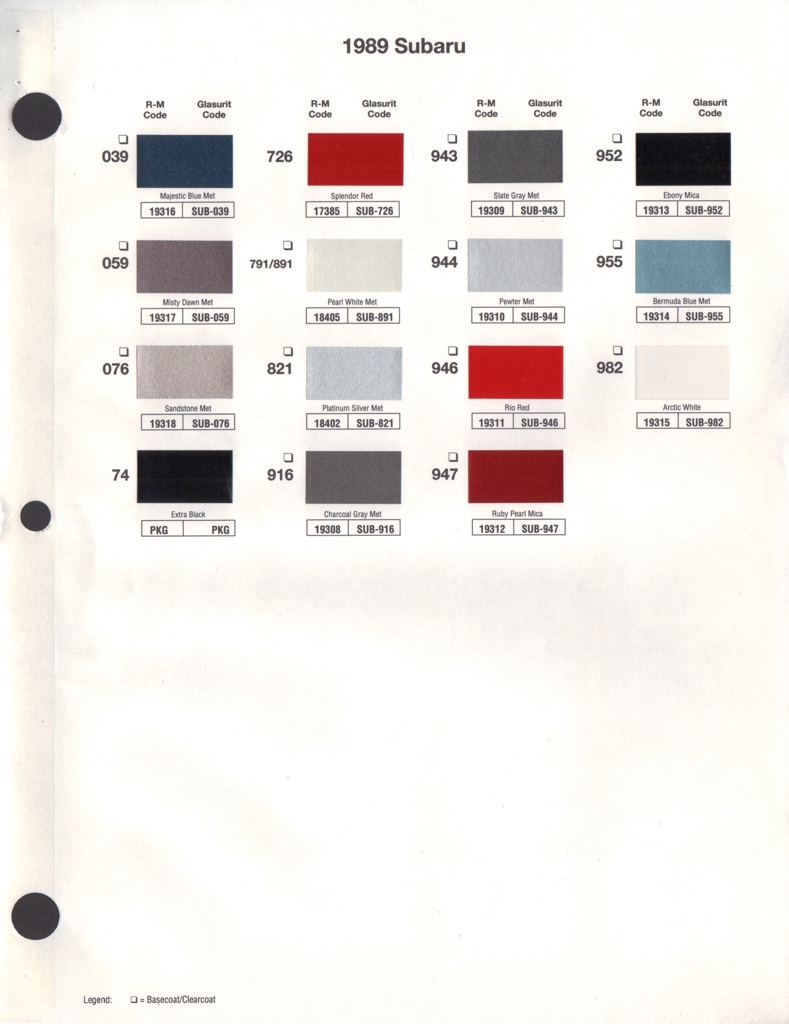 1989 Subaru Paint Charts RM